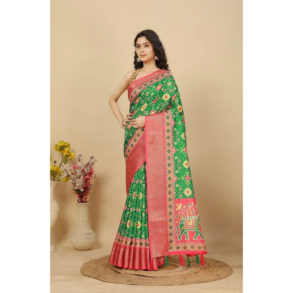 Green cotton silk printed saree with unstitched blouse, vibrant design for women's traditional Indian wear