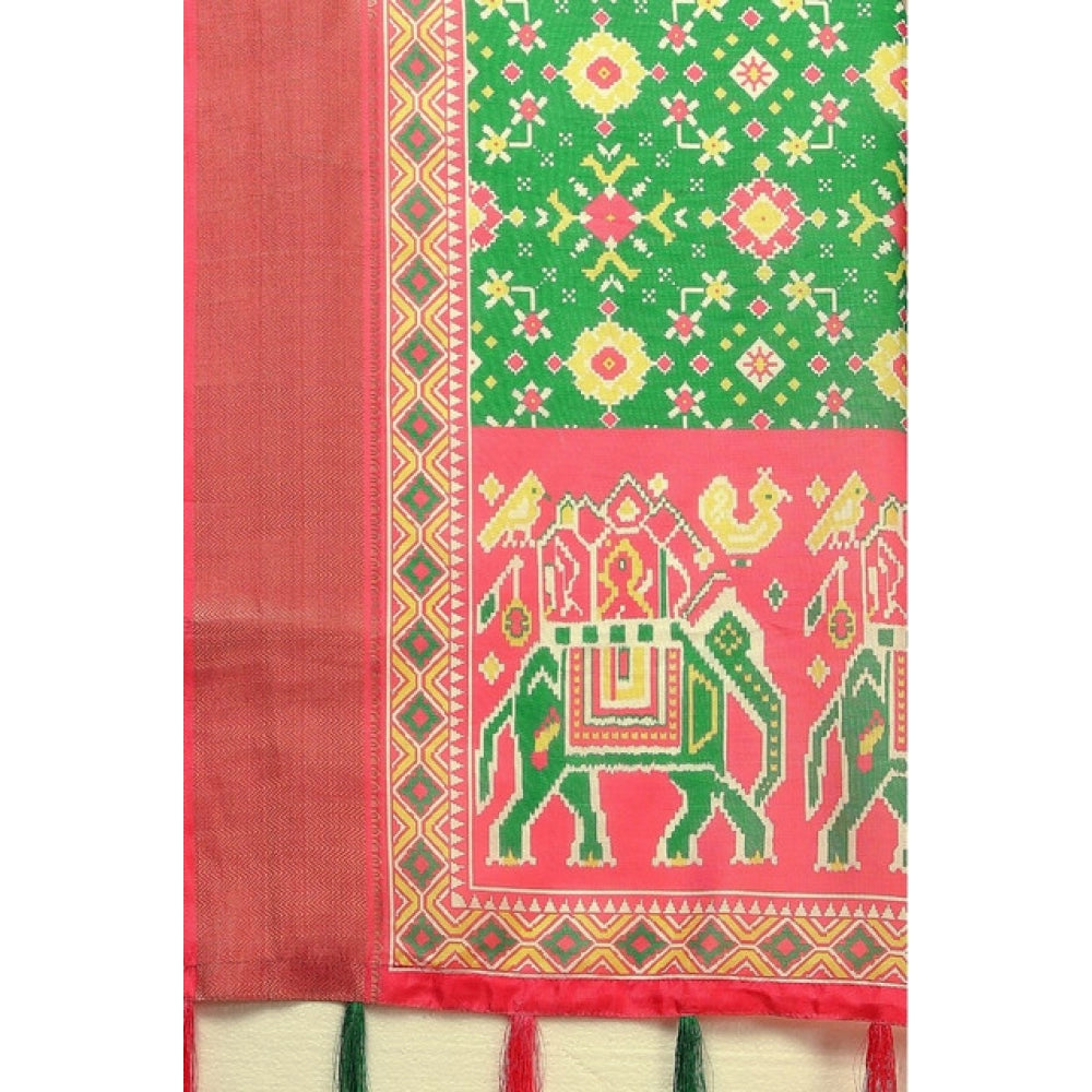 Green cotton silk printed saree with unstitched blouse (5.5Mtr)