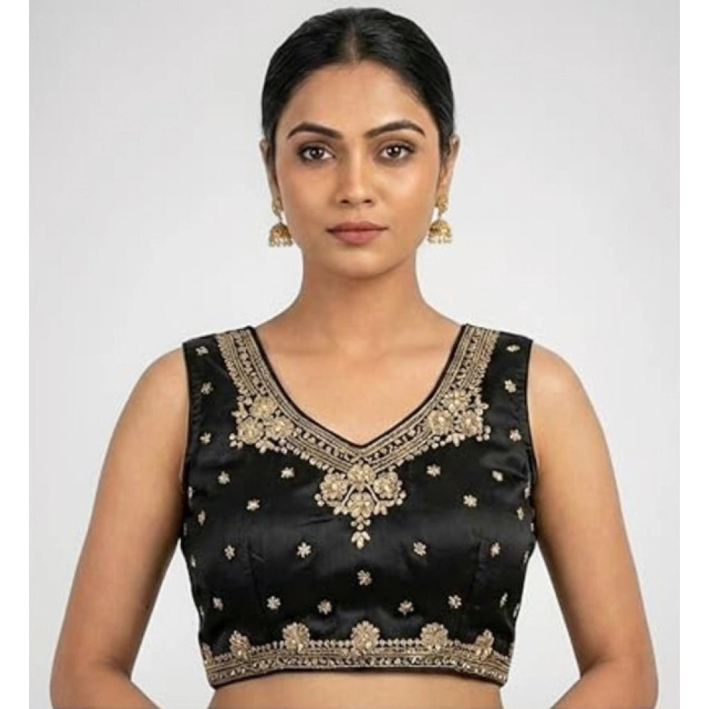 Black silk embroidered v-neck sleeveless padded blouse for women (Size 38), intricate detailing on display stand
