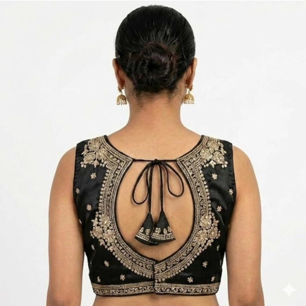 Black silk embroidered V-neck sleeveless padded blouse (size 38), hook closure on display
