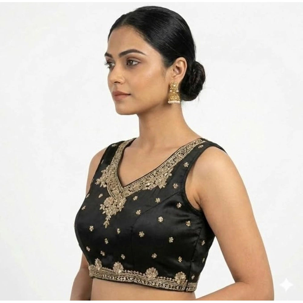 Black silk embroidered V-neck sleeveless padded blouse for women with hook closure on display