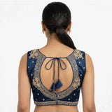 Blue silk embroidered v-neck sleeveless padded blouse for women (size 38) on mannequin
