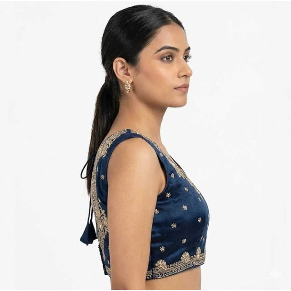 Blue silk embroidered v-neck sleeveless padded blouse with hook closure, detailing intricate handiwork