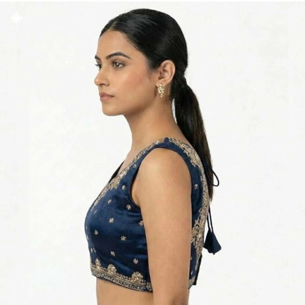 Blue silk embroidered v-neck sleeveless padded blouse, hook closure on display stand
