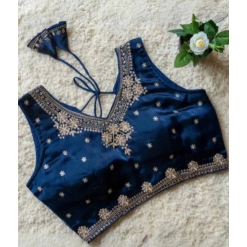 Blue silk embroidered V-neck sleeveless padded blouse for women, size 38 on model