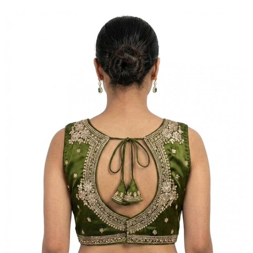 Women's silk embroidered V-neck sleeveless padded blouse (Mahendi), handcrafted Indian design with hook neck closure