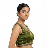 Silk embroidered Mahendi v-neck sleeveless padded blouse for women, intricate design on display