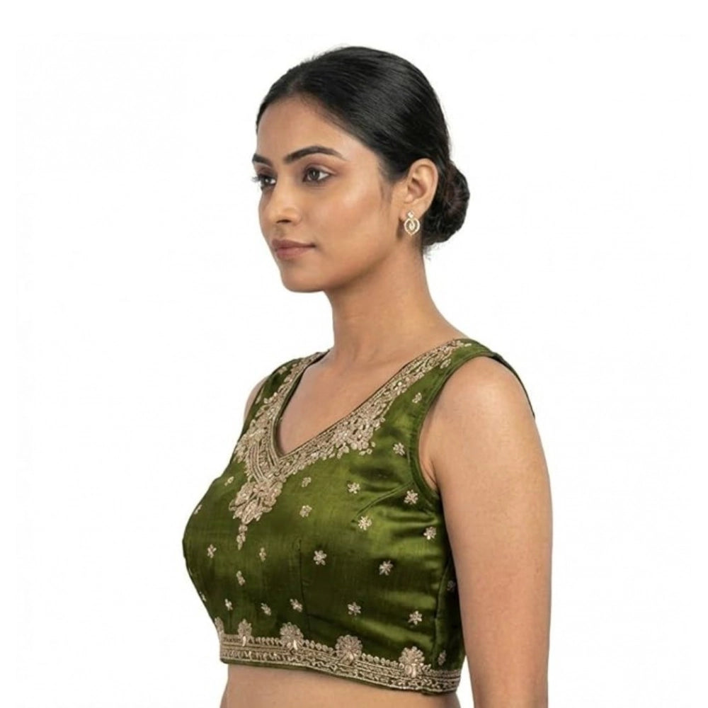 Women's silk embroidered V-neck sleeveless blouse (Mahendi), padded, hook closure, vibrant embroidery detail