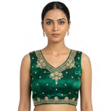 Green silk embroidered v-neck sleeveless padded blouse on mannequin, size 38, hook closure