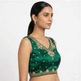 Green silk embroidered V-neck sleeveless padded blouse for women, size 38 with hook closure. Embroidered detailing on padded fabric