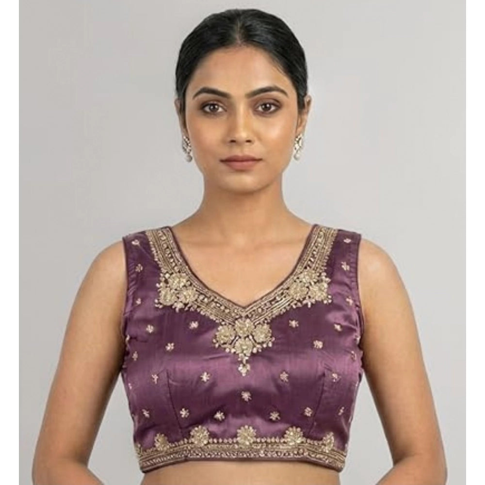 Purple silk embroidered v-neck sleeveless padded blouse for women with hook closure, detailed embroidery pattern on display