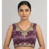 Purple silk embroidered v-neck sleeveless padded blouse for women with hook closure, detailed embroidery pattern on display