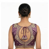 Purple silk embroidered V-neck sleeveless padded blouse for women, hook closure, intricate design