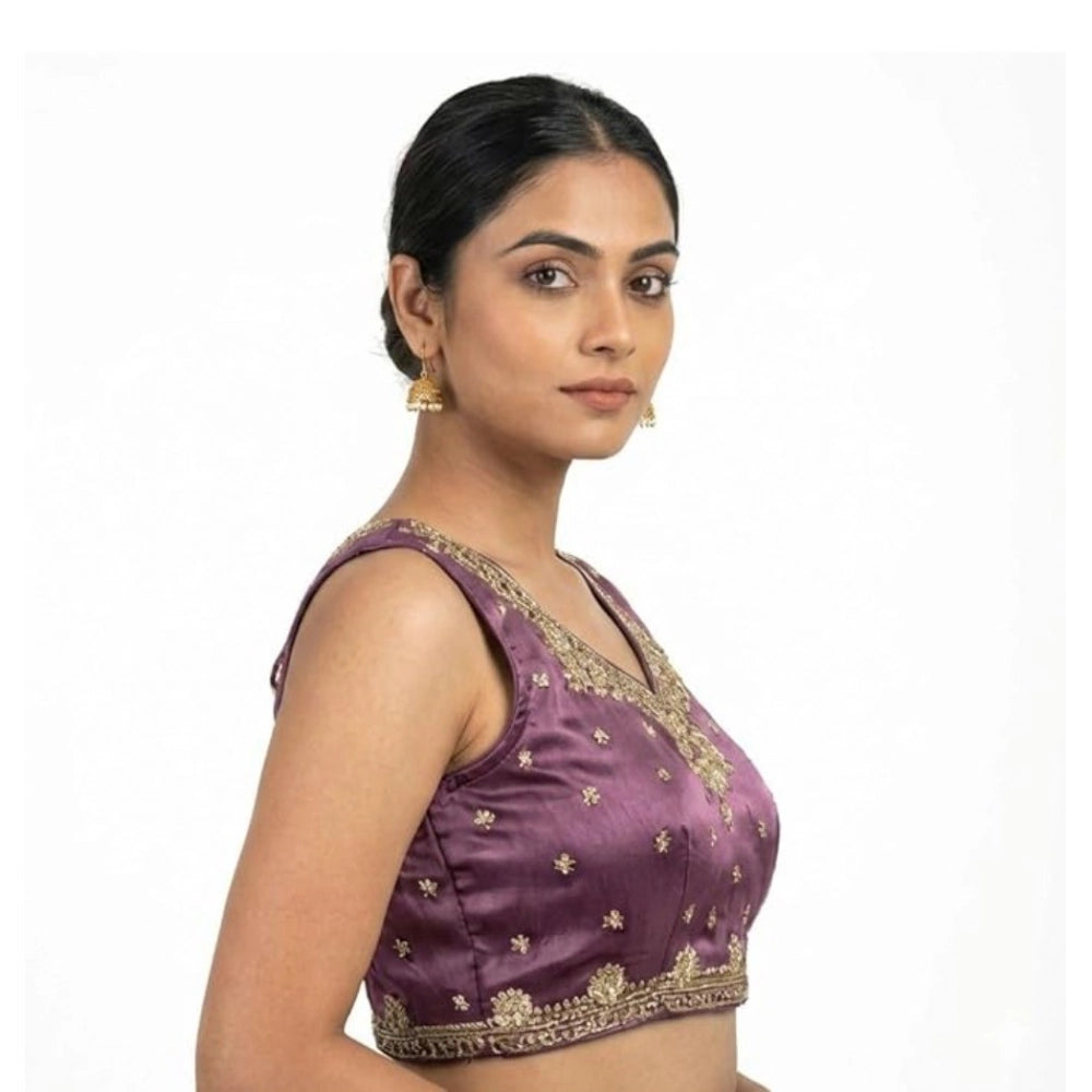 Purple silk embroidered v-neck sleeveless blouse, padded for women's fashion, hook closure
