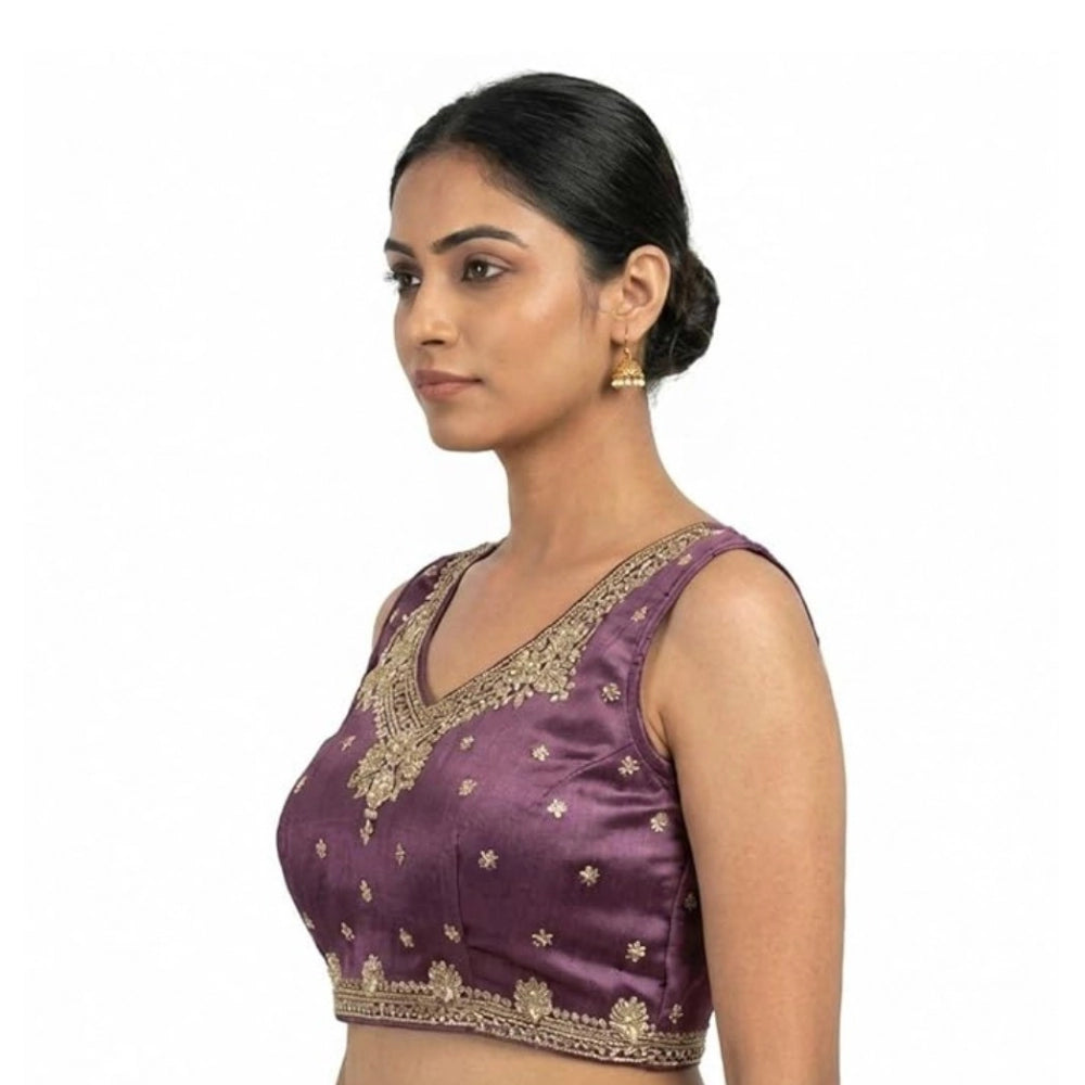 Purple silk embroidered v-neck sleeveless blouse with padded detail, hook closure