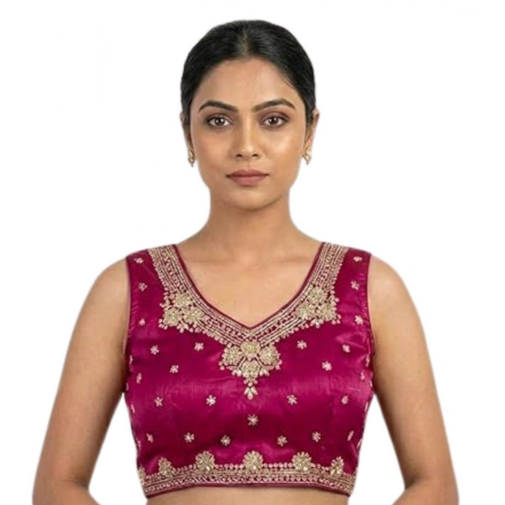 Pink silk embroidered V-neck sleeveless blouse (size 38), padded with hook neck closure