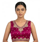 Pink silk embroidered V-neck sleeveless blouse (size 38), padded with hook neck closure