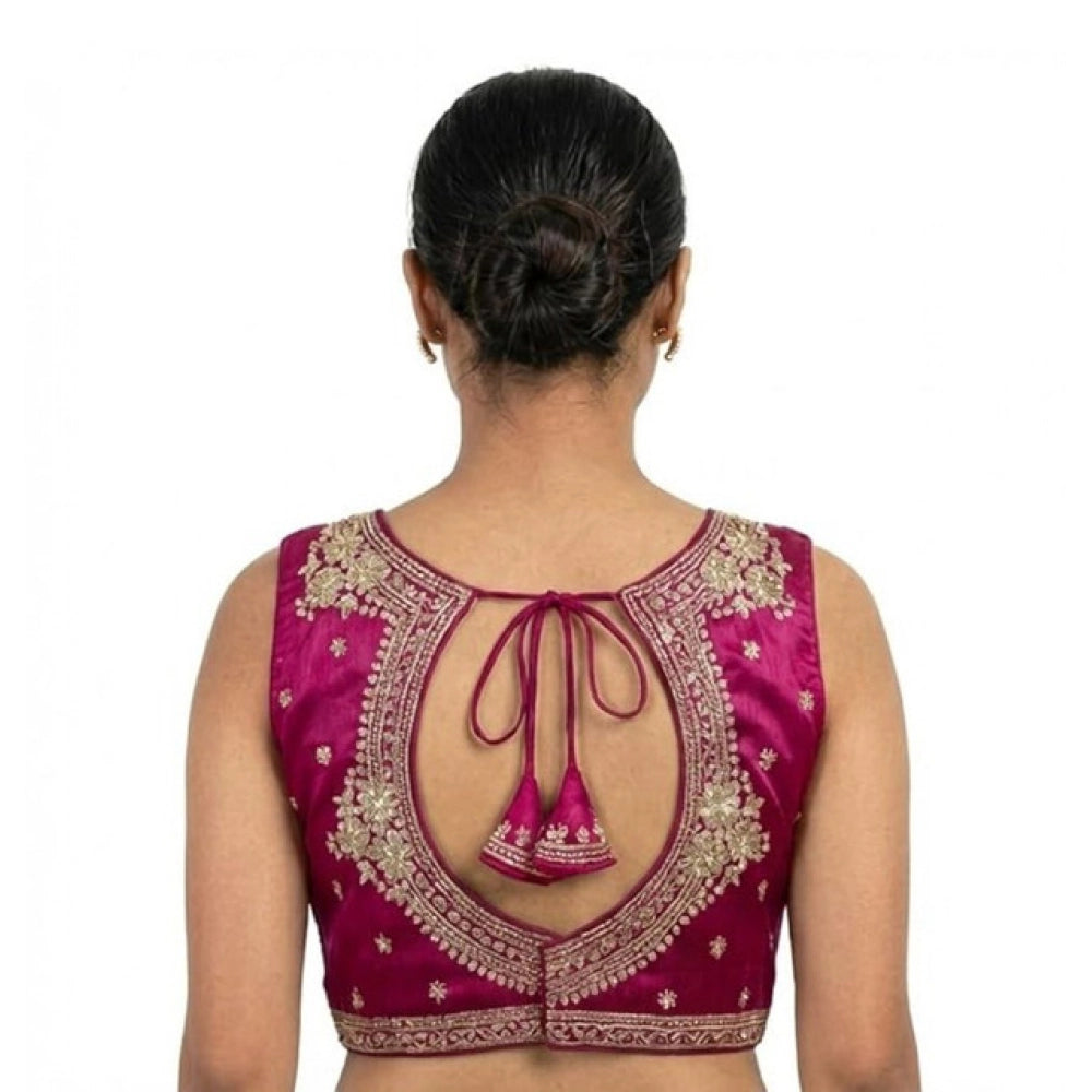 Pink silk embroidered V-neck sleeveless padded blouse (size 38), intricate pattern on display