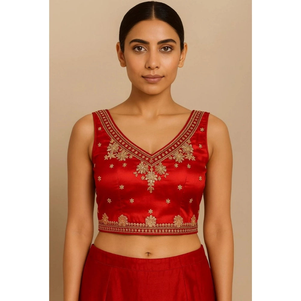 Red silk embroidered v-neck sleeveless padded blouse, size 38 on model