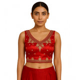 Red silk embroidered V-neck padded blouse (size 38), close-up view
