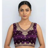 Women's silk embroidered wine-colored V-neck padded blouse, sleeveless with hook closure