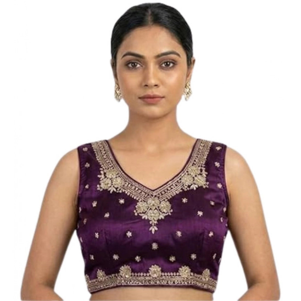 Wine silk embroidered V-neck sleeveless padded blouse for women on mannequin