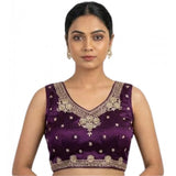 Wine silk embroidered V-neck sleeveless padded blouse for women on mannequin