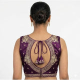 Women's silk embroidered wine-colored V-neck padded blouse, sleeveless with hook closure