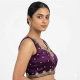 Wine silk embroidered V-neck sleeveless padded blouse for women, hook closure type