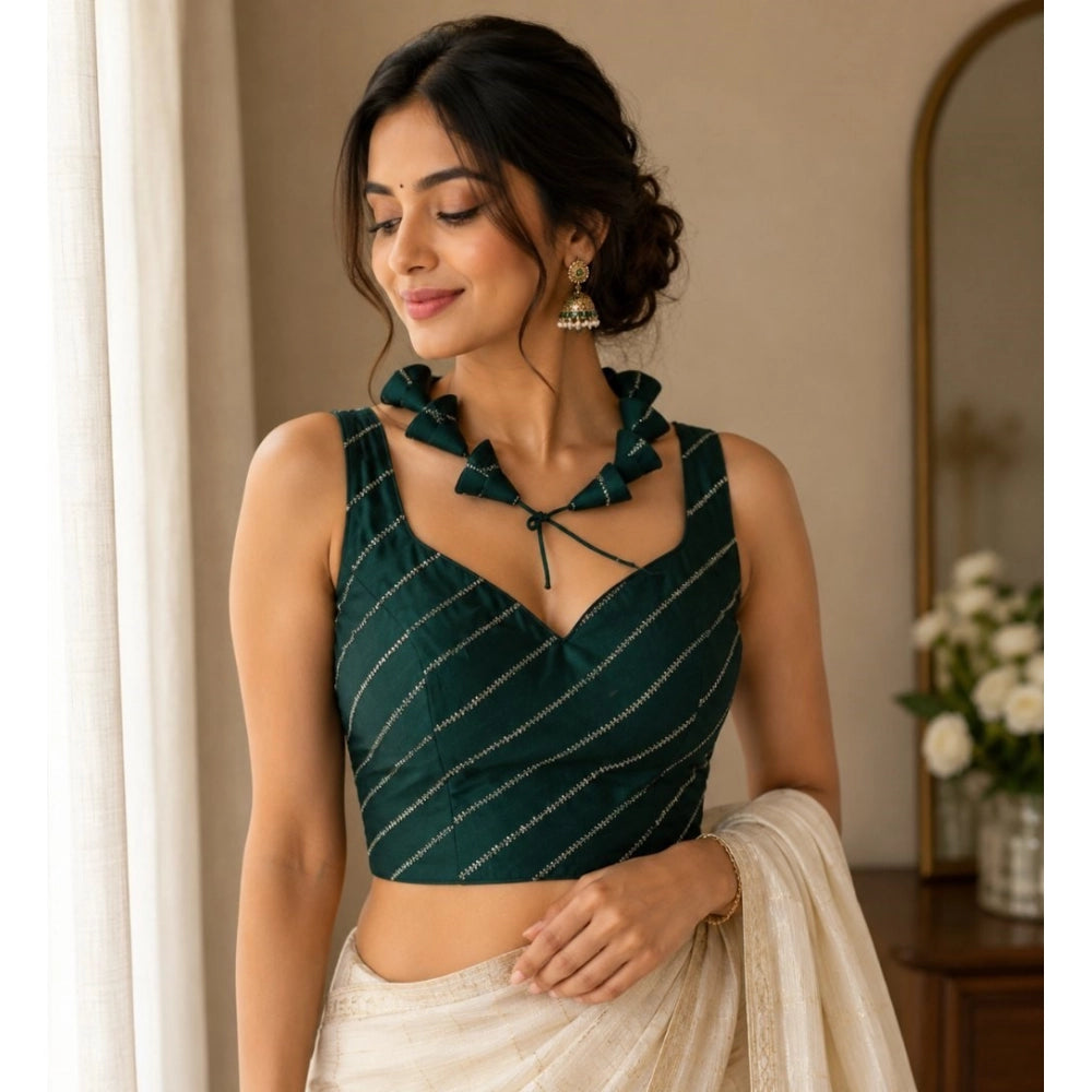 Green silk embellished sweetheart neck, sleeveless padded blouse for women on mannequin