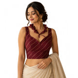 Maroon silk embellished sweetheart neck, sleeveless padded blouse for women