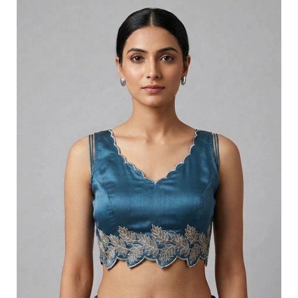Blue silk embroidered sweetheart neck sleeveless blouse with padded detail, ready-made for women's wear (Size 38)