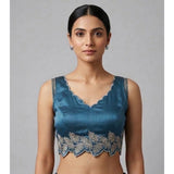 Blue silk embroidered sweetheart neck sleeveless blouse with padded detail, ready-made for women's wear (Size 38)