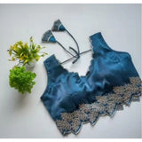 Blue silk embroidered sleeveless padded blouse with sweetheart neck, ready-made for women's formalwear
