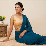 Gold silk embroidered sleeveless blouse with sweetheart neck, padded for women size 38 on mannequin