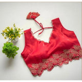 Red silk embroidered sleeveless blouse with padded sweetheart neckline (Size 38)