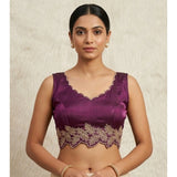 Women's wine-colored silk embroidered sweetheart neck sleeveless blouse with padded detail