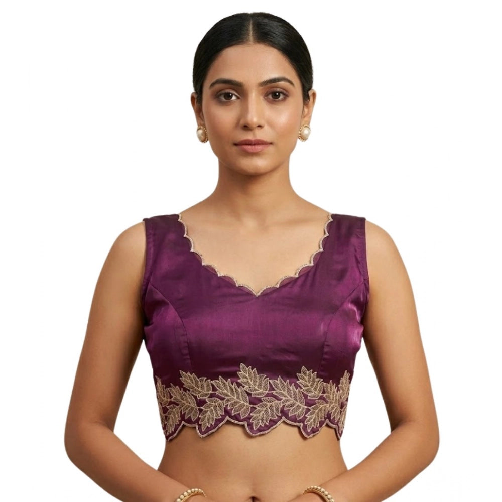 Women's silk embroidered wine-colored sleeveless padded sweetheart neck blouse, intricate pattern details on display