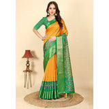 Yellow-Green cotton silk printed saree with unstitched blouse, vibrant Indian women's wear