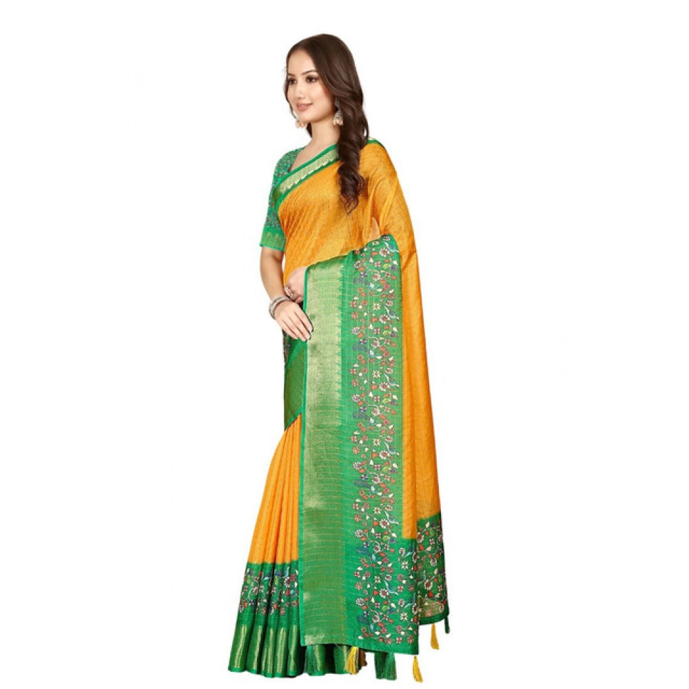 Yellow-green cotton silk printed saree with unstitched blouse, vibrant Indian traditional wear for women