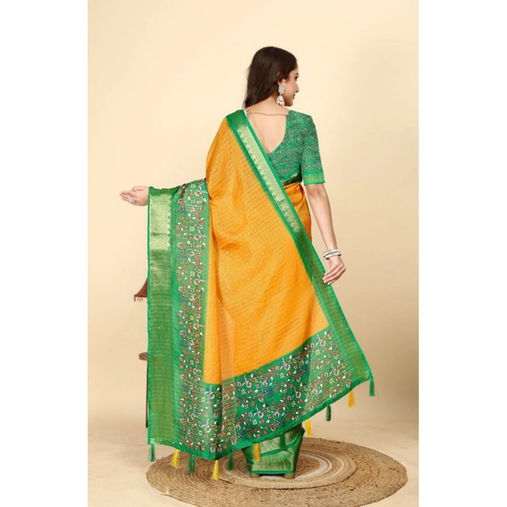 Yellow-green cotton silk printed saree with unstitched blouse, vibrant Indian wear on mannequin