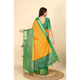 Yellow-green cotton silk printed saree with unstitched blouse, vibrant Indian wear on mannequin