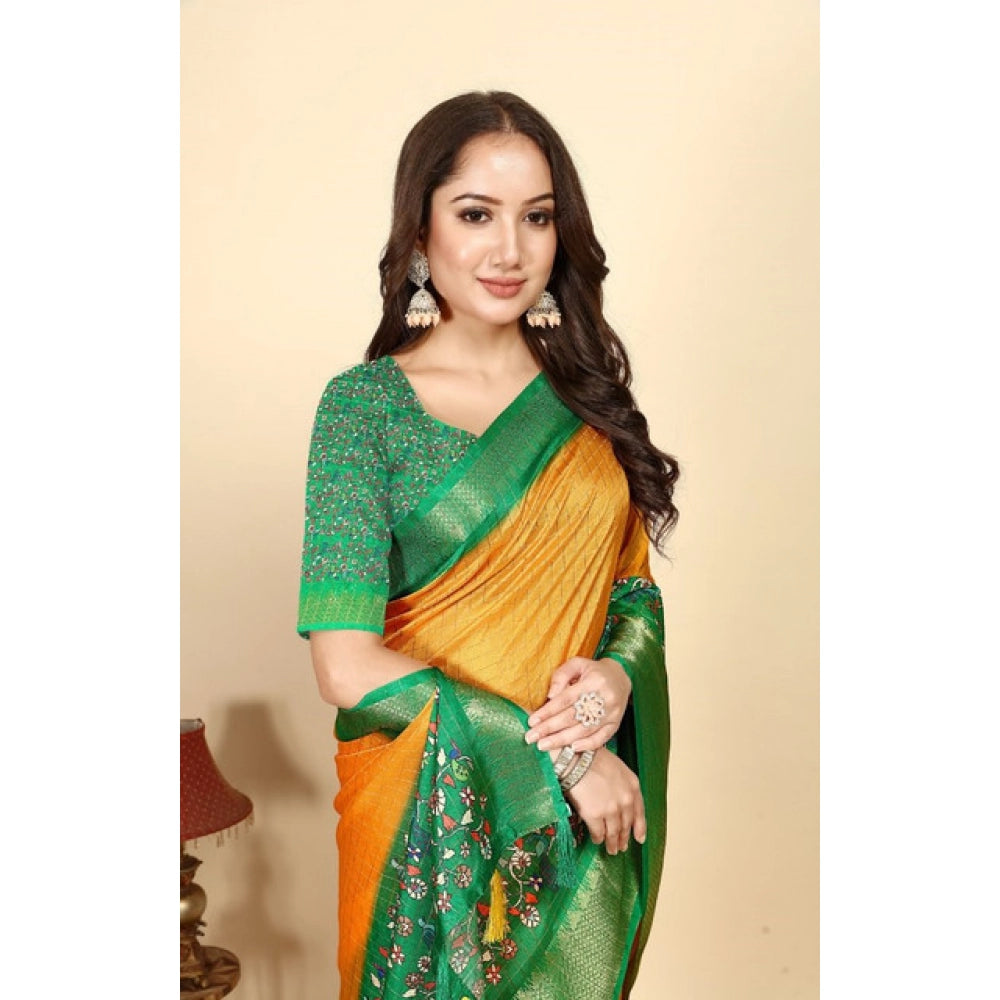 Yellow green cotton silk printed saree with unstitched blouse (5.5Mtr), traditional Indian fashion wear on mannequin