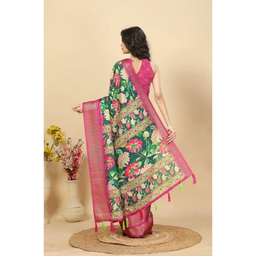 Green cotton silk floral printed saree with unstitched blouse (5.5Mtr)