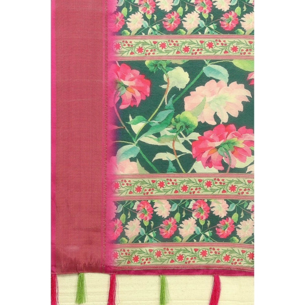 Green cotton silk floral printed saree with unstitched blouse, 5.5Mtr on model