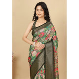 Grey cotton silk floral printed saree with unstitched blouse, 5.5mtr length on model