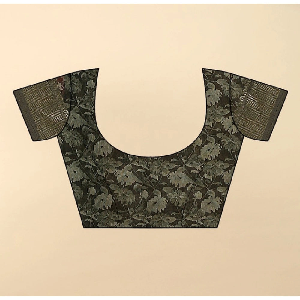 Grey cotton silk floral printed saree with unstitched blouse, 5.5Mtr length on mannequin