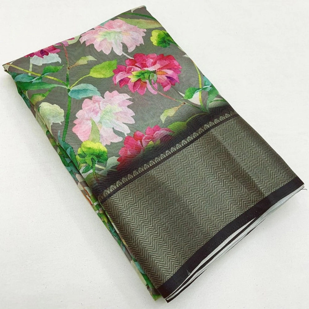 Grey cotton silk floral printed saree with unstitched blouse, vibrant floral design on 5.5mtr length