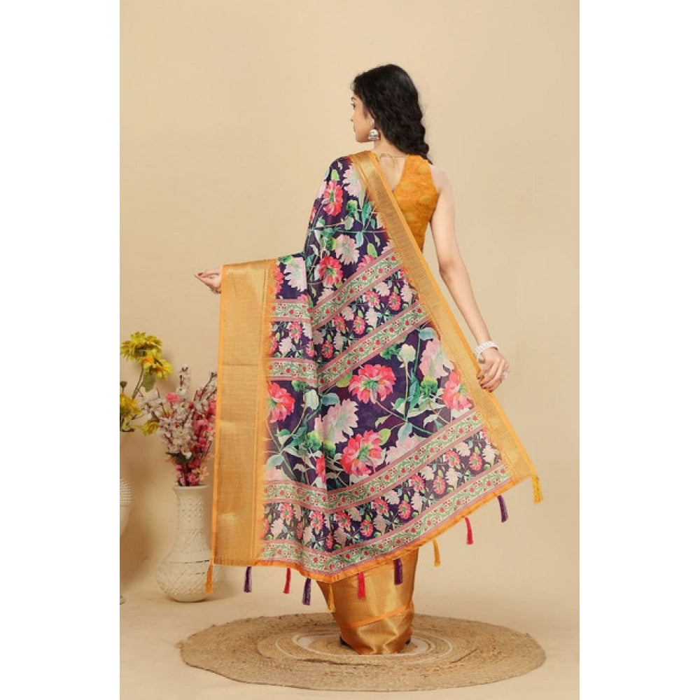 Purple cotton silk floral printed saree with unstitched blouse, vibrant flower pattern on women's traditional Indian wear