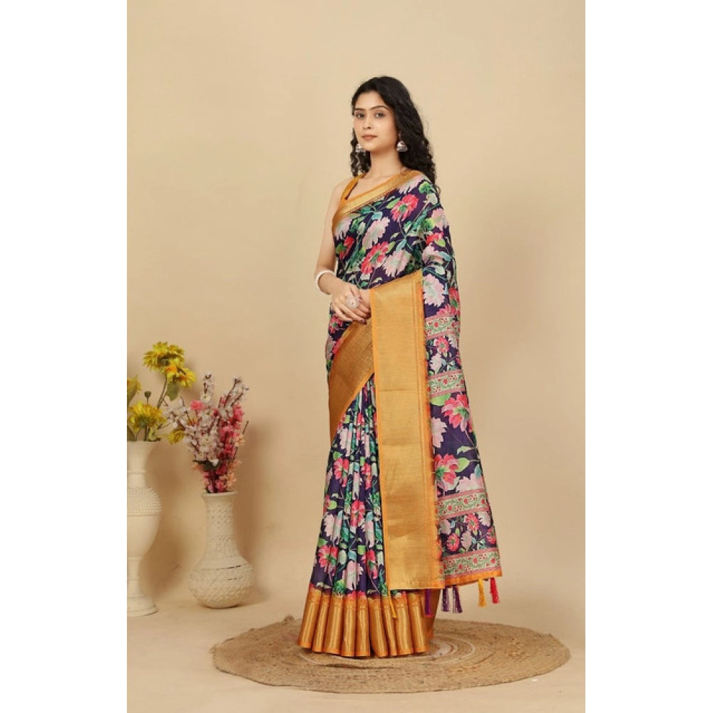 Purple cotton silk floral printed saree with unstitched blouse, 5.5Mtr